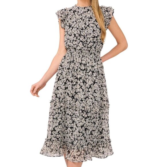 CECE Women's Flutter Sleeve Smocked Waist Midi Dress Sz: XS Black Island Oasis - Picture 1 of 12